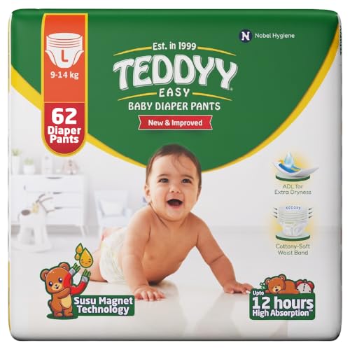 Image of TEDDYY Easy Baby L Size Diaper Pant Style | 62 Count (Large) | 9-14 kg (Pack of 1) | Long Protection Hours | Anti-Bacterial | Airy Breathable Fit | Rapid Soaker Channels & Wetness Indicator