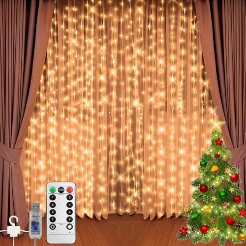 Jsdoin Luzes de cortina, 3 x 3 m, 300 luzes LED com 8 modos de controlo remoto, temporizador ajustável, brilho ajustável, cortina de luz para quarto, jardim, festa, casamento, Natal (branco quente)