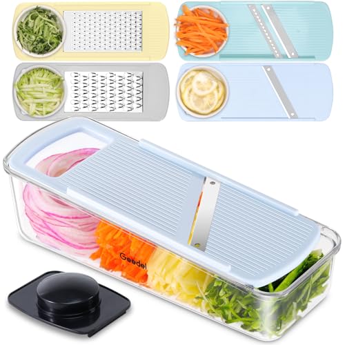 Geedel Cortador de verduras mandolina, rallador de verduras con 4 cuchillas de repuesto, cortador manual de verduras, rallador de verduras, pepinos, zanahorias, patatas, frutas, corte rápido, fácil de