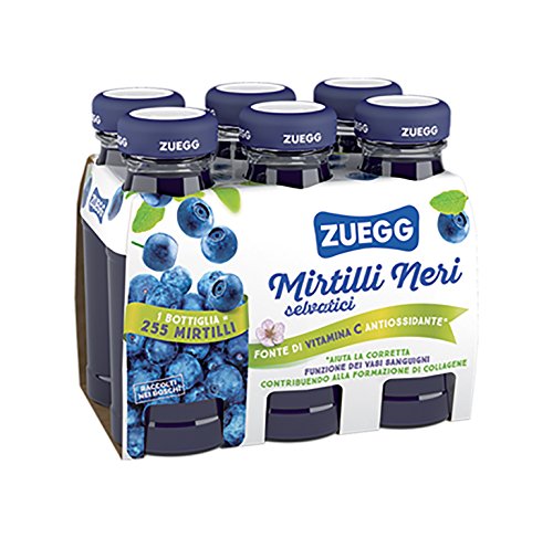 Zuegg Succo di Frutta Nettare di Mirtillo Nero Selvatico in Bottiglia di Vetro (125Ml), Linea Benessere - Fonte di Vitamina C, Frutta 40% Minimo (1 confezione da 6x125Ml)