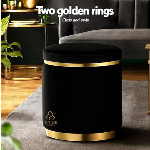 Image of Luxury Velvet Round Ottoman Stool | Gold Base & Trim Accent Furniture | Modern Vanity Pouffe | Footrest Seat for Living Room, Bedroom & Makeup Area (Black)