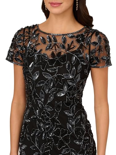 Image of Adrianna Papell Women's Beaded Gown with Godets - Floor Length Gown with Floral Embellishments & Cap Sleeves