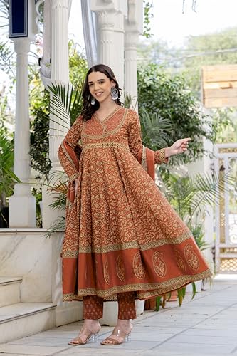 Image of Pistaa's Women's Pure Cotton Anarkali Floral Printed Hand Work Kurta with Pant & Dupatta Set