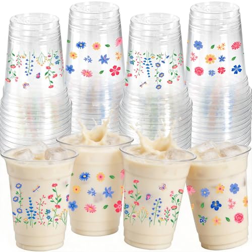 50pcs Wildflower Plastic Cups 12 Oz Floral Clear Disposable Cups Bulk Vintage Flower Plastic Drinking Cup for Spring Summer Party Favor Flower Birthday Wedding Party Supplies
