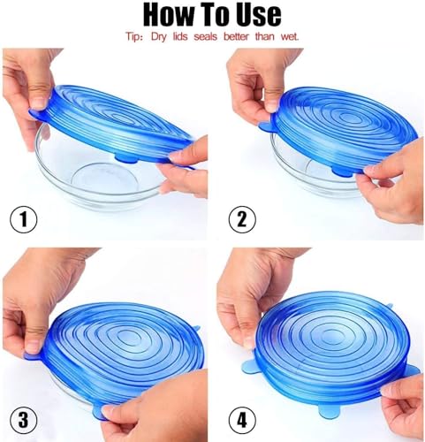 Image of Silicone Stretch Lids, Multi Size Reusable Silicone Lids Food And Bowl Covers, Dishwasher And Freezer Safe, Elastic Bowl Covers Fit Round & Rectangle Containers, Jars, Cups (Pack Of 6 Pcs)