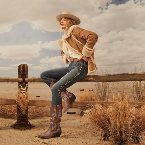 Image of Women's Cowboy Boots Mid Calf Pointed Toe Embroidered Chunky Block Heel | Western style mid-calf boots, breathable lining, all-day comfort,for jeans /dresses,concerts, daily wear, travel.