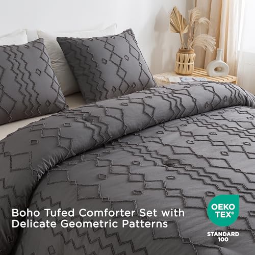 Image of Andency Dark Gray Tufted Comforter Set Full(79x90Inch), 3 Pieces(1 Tufts Comforter, 2 Pillowcases) Boho Textured Farmhouse Bed, Down Alternative Geometric Bedding Set