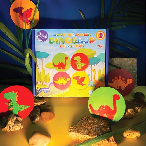 Image of Asian Hobby Crafts DIY Coaster Painting Kit - 4 Pre-Marked Coasters, Paint & Brush Set | Dinosaur Theme Art and Craft Kit for Kids & Adults (4-12) | Painting & Coloring Kit for Birthday Return Gift