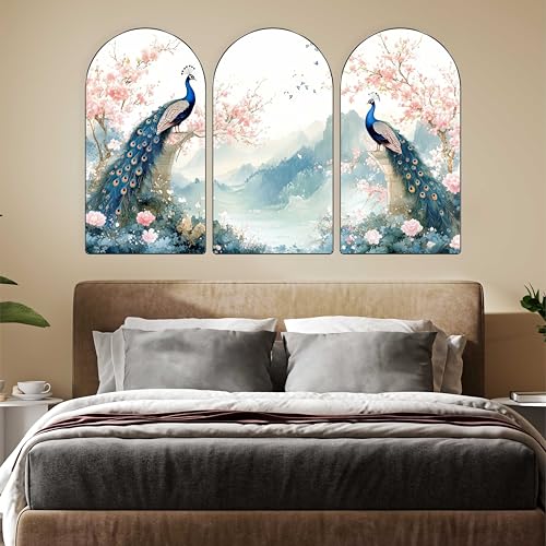 Image of Livin'luxe Peacock Wall Painting | Set of 3 MDF Panel Wall Art | Elegant Floral & Mountain Theme Decorative Painting for Living Room, Bedroom, Hallway & Home Interiors