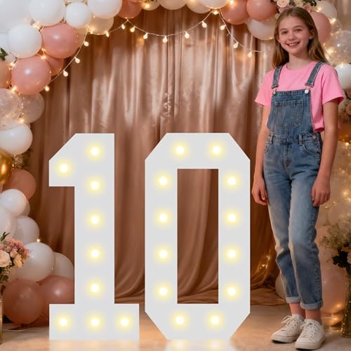 Image of Pooqla 2.4FT Light Up Numbers for 10 Year Old Girl Boy Gifts, Marquee Numbers 2.4 Feet Tall Party Decor for Her Him, Mosaic Big Sign for 10th Birthday Decoration Backdrop, Warm White Large Number 10