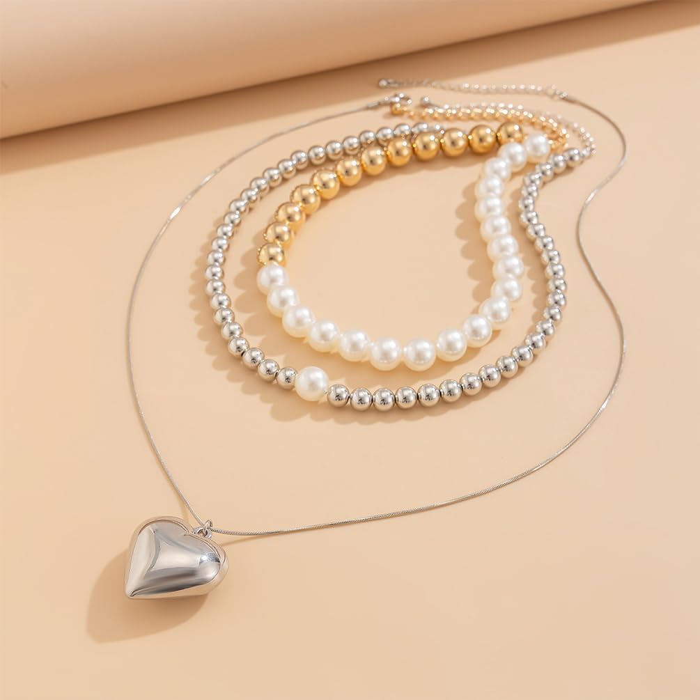 Dainty Layered Silver Beaded Pearl Heart Gold Necklaces for Women Statement Chunky Beads Love Heart Pendant Choker Necklace Charm Party Jewelry Gifts - Image 5