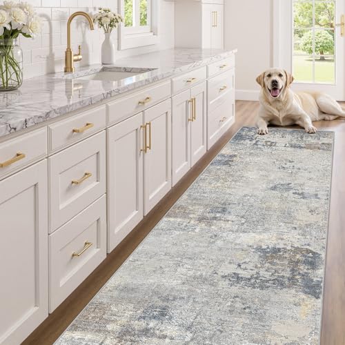 3X10 Washable Runner Rug for Hallway: Soft Neutral Modern Abstract Area Rug - Non-Slip Low Pile Long Throw Indoor Carpet for Kitchen Entryway Kitchen Bedroom Laundry - Blue Grey