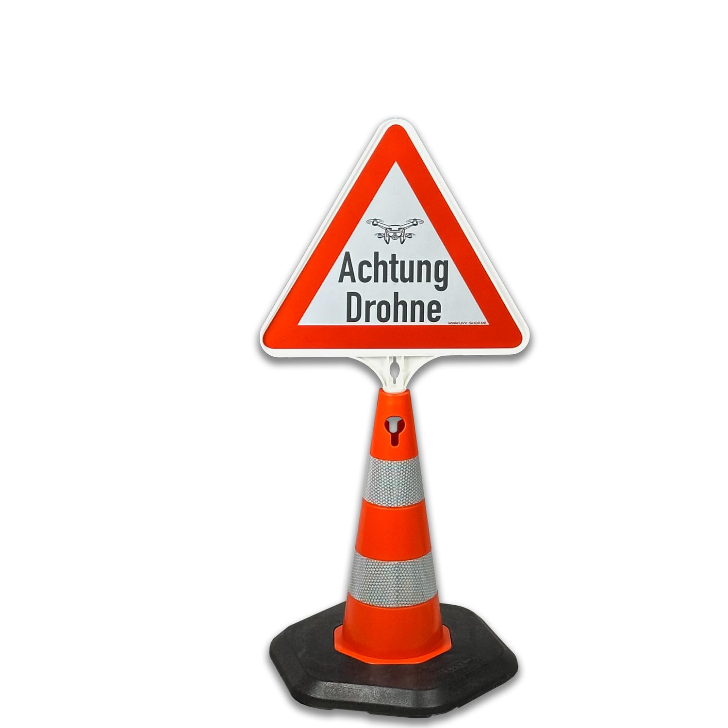 Achtung Drohne: Reflektierender Kegel mit wechselbarem Schild – Schnell aufgestellt und mobil einsetzbar in zwei praktischen Größen. (Achtung Drohne, 50 cm)
