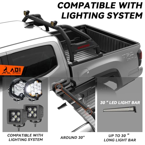 Image of Truck Bed Roll Bar Heavy Duty No-Drill Chase Rack Universal for Mid Size Pickup Tacoma Ranger Colorado Canyon Frontier, Multifunctional Cargo Protection Sport Bar with Light Mount Slots