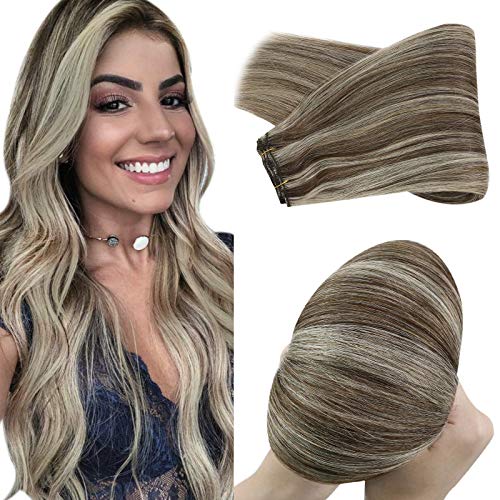 YoungSee 18inch Weft Hair Extensions Human Hair Highlighted Dark Brown with Platinum Blonde Sew in Human Hair Bundles Handtied Weft Human Hair Weave 100G
