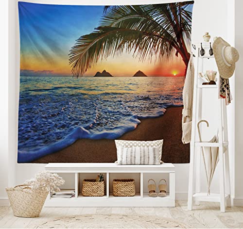 Ambesonne Hawaiian Tapestry, Pacific Sunrise At Lanikai Beach Hawaii Colorful Sky Wavy Ocean Surface Scene, Fabric Wall Hanging Decor For Bedroom Living Room Dorm, 23" X 28", Blue Brown #TOP1