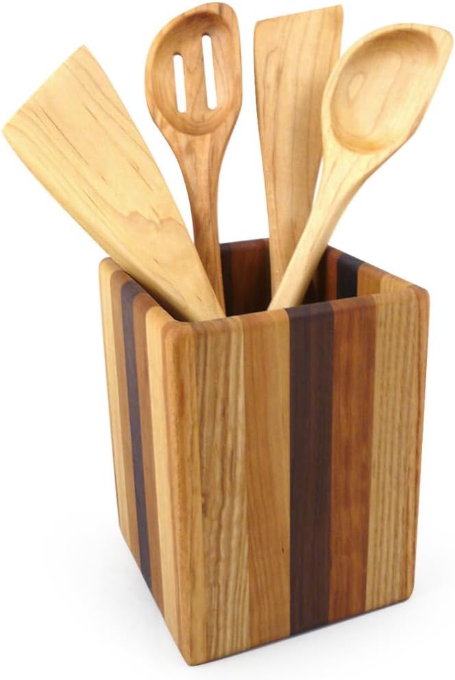 Modern Artisans American Made Mixed Wood Utensil Holder Crock, Single Size