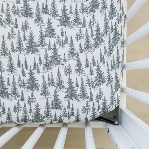 Image of Forest Muslin Crib Sheet by Mebie Baby, Soft and Breathable Bed Sheets for Babies, Modern Neutral Bedding for Cribs, Standard Crib Mattress Fitted Sheet, Great for Boy or Girl Room