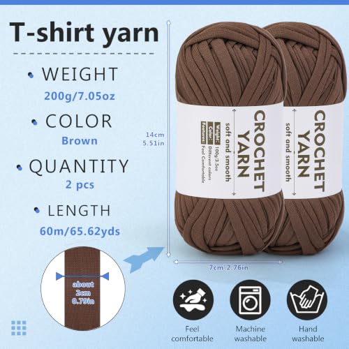 Image of SHWAKK 2 Pack T-Shirt Yarn Set, Brown Knitting Crochet T Shirt Yarn for Crochet Bag /Baskets with Crochet Hook, Elastic Thick Tshirt Yarn Kit for Crocheting, Ribbon Cotton Yarn, Knitting Ball