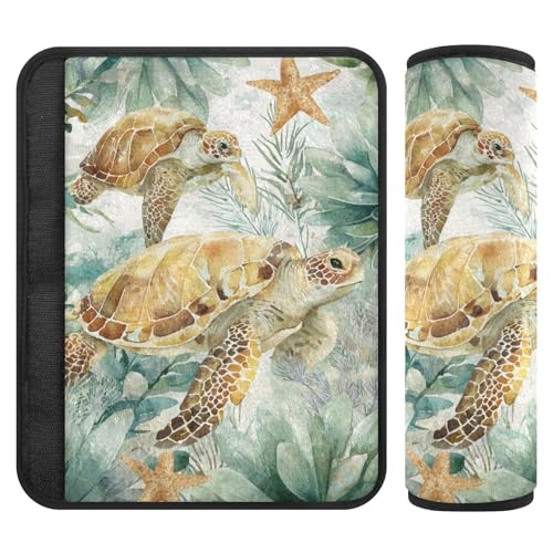 Image of Sea Turtle Starfish Plants Seat Belt Cover Pad 2 Pcs Soft Cute Seatbelt Covers Protector Support Head Neck Shoulder Strap for Car Seats High Chair Backpack for Adults Kids Women Men 10x7.7In 2