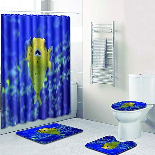 ZDDWLDL 4Pcs Duschvorhänge Set Mit Rutschfesten Teppichen,Toilettendeckel und Badematte Blauer Ozeangelber Fisch…