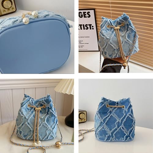 Image of Small Denim Bucket Bag, Jean Purses for Women Denim Crossbody Bags Hobo Bag Drawstring Handbag