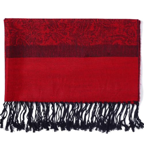 Becolored Paisley Scarf Shawl Jacquard Wrap Stole Two Tones Vintage Soft Lightweight With Fringes Reversible (35-Red/Black)