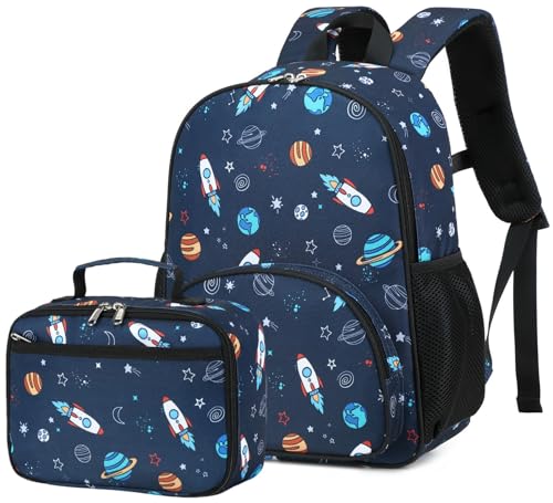 BTOOP Mochila Infantil Unissex para Educação Infantil, Conjunto com Lancheira, Mochila Escolar para Crianças Pequenas (Nave Espacial)