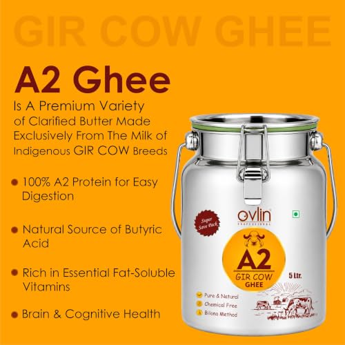 Image of Ovlin A2 Gir Cow Ghee | Traditional Bilona Method | Hand Churned Gir Cow Milk | Pure & Natural Desi Cow Ghee | Chemical Free | Rich Aroma & Taste | Ideal for Cooking & Daily Nutrition 5L
