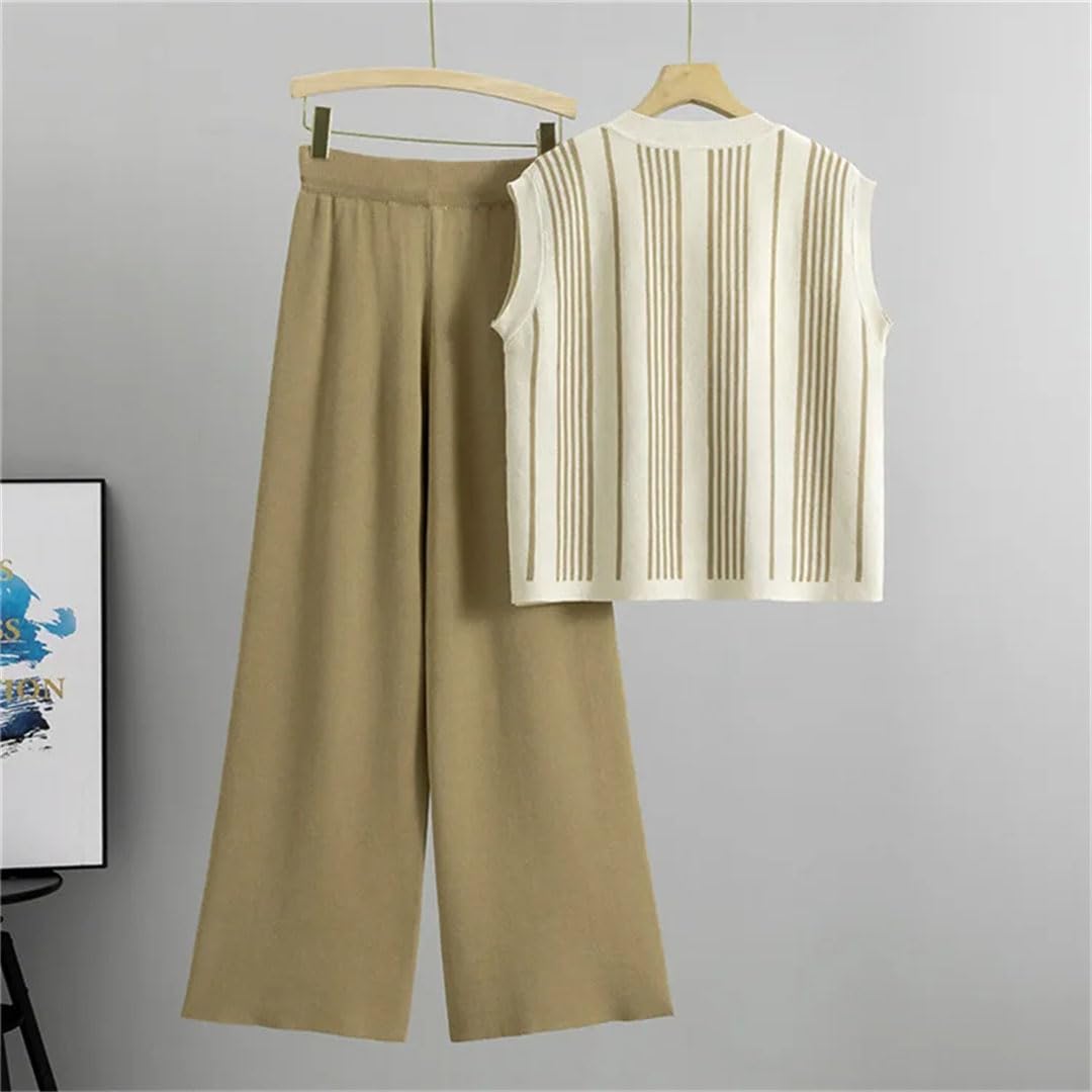 T-shirt da donna senza maniche a righe in maglia con scollo a V in seta di ghiaccio Pullover Tank Tee Suits Streetwear pantaloni a gamba larga abiti