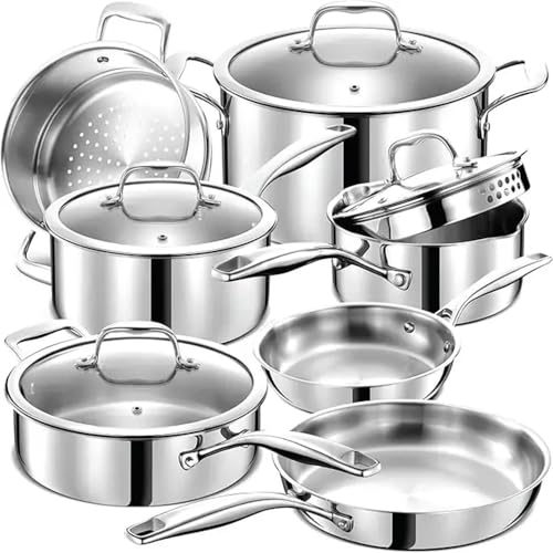 HJZSZX Copper Core Stainless Steel Pots Pans Set 5 Ply Clad Cookware Chef Grade Home Cooking,3 Ply Glass Lids,One