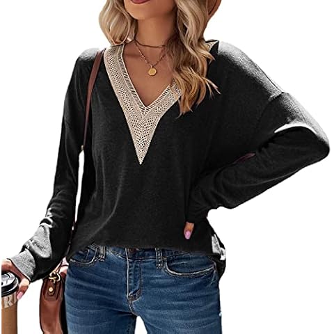 FANCYINN Women V Neck Tops Shirt Casual Loose Lantern Long Sleeve Elegant Blouse for Ladies Black Cover