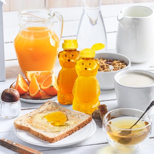 KEJJNYER 12 Pack Honey Bear Bottle 12 oz, Reusable Plastic Honey Bear Jars Bulk with Yellow Flip Top Lid for Storing and Dispensing(350ml /12oz)