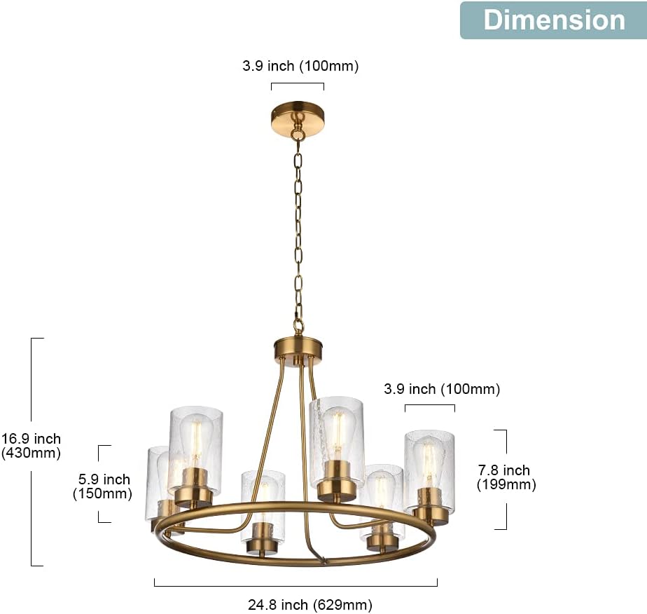 WINSHEN 6-Light Round Dining Room Light Fixture Hanging in Brushed Brass Finish, 25-Inches Diameter Farmhouse Rustic Chandelier Lighting with Seeded Glass Shade for Kitchen Island Bedroom Hallway - - 