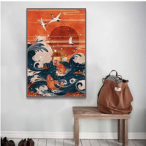 Peinture affiche style paysage wave grue rouge soleil déco murale salon moderne 50x70cm