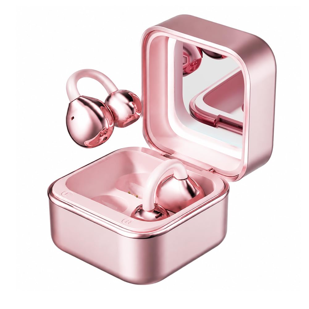 Auricolari Bluetooth a clip con custodia di ricarica e piccolo specchietto per il trucco, Bluetooth 6.0, suono stereo a conduzione ossea, batteria a lunga durata e comfort per tutto il giorno