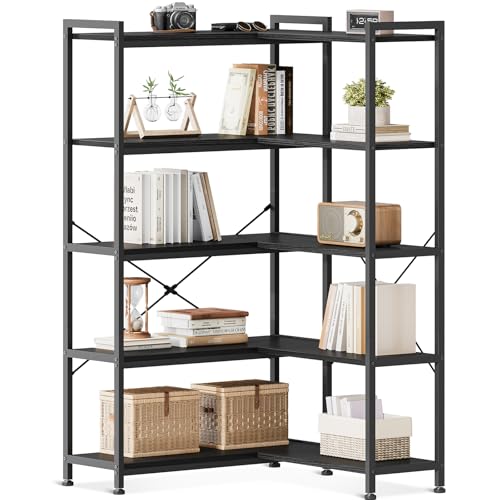 Casaottima Corner Bookshelf 5 Tier, 57 Inches Reversible Book Shelf for Living Room, Industrial...