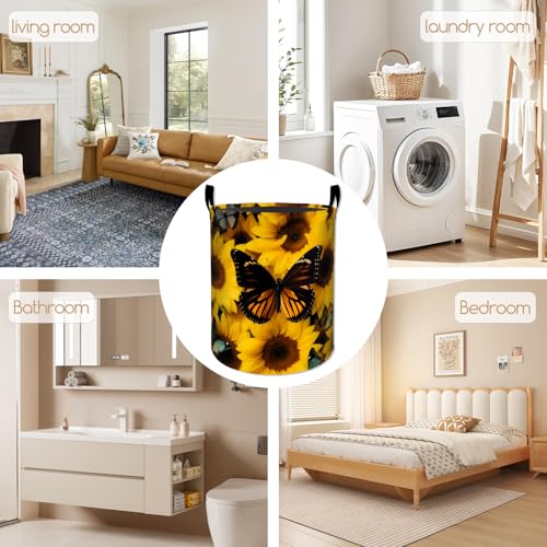 Image of Sunflower Laundry Basket, Butterfly Print Foldable Oxford Cloth, Waterproof Dirty Clothes Hamper with Handles, Clothing Storage Bucket Toy Organizer for Bathroom Bedroom Dorm, 19.7 inchx15.7 inch