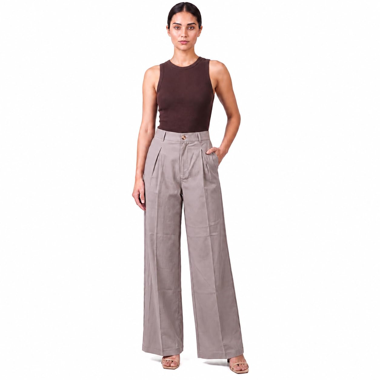 Women's Khaki Wide Leg Trousers for Women | High Waist Formal Pants with Pleated Front & Pockets | Office Wear, Business Casual, Workwear Trousers (Only Pant) VAPUSHYA-picture-16