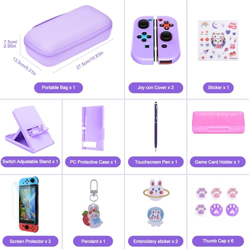 Image of innoAura Switch Case 19-in-1 Bundle for NS Switch (2017), with Carrying Case, Game Organizer, Screen Protector, Stand and Thumb Grips, Purple
