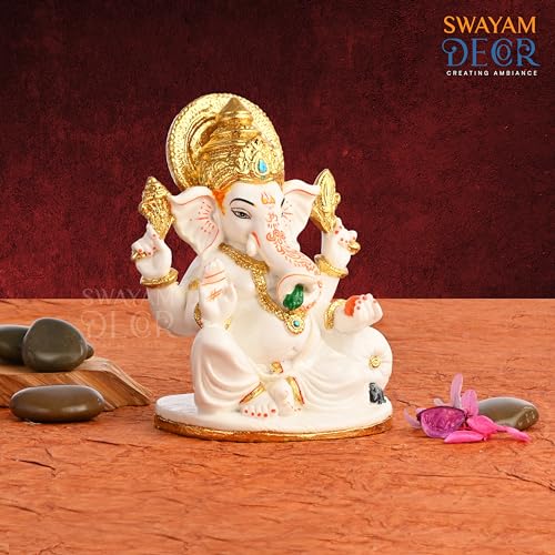 Image of Creating Ambiance Polyresin Marble Ganesh Idol, Vinayaka Statue | Auspicious Ganpati Murti for Living Room & Home Decor - Ganesh Idol for Diwali - Gold & White (7 Inches)