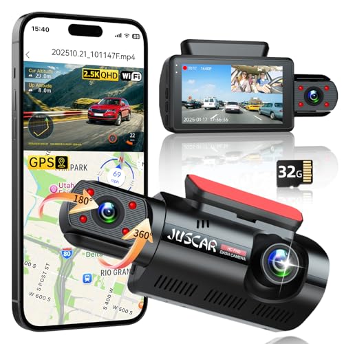 Juscar 2.5K+1080P Dual Dash Cam Front and Inside, WiFi & GPS Dash Camera for Cars with 32G Card, IR Night Vision, 3' IPS Screen, Inside Car Camera for Taxi Driver, Support 256GB Max, App Control