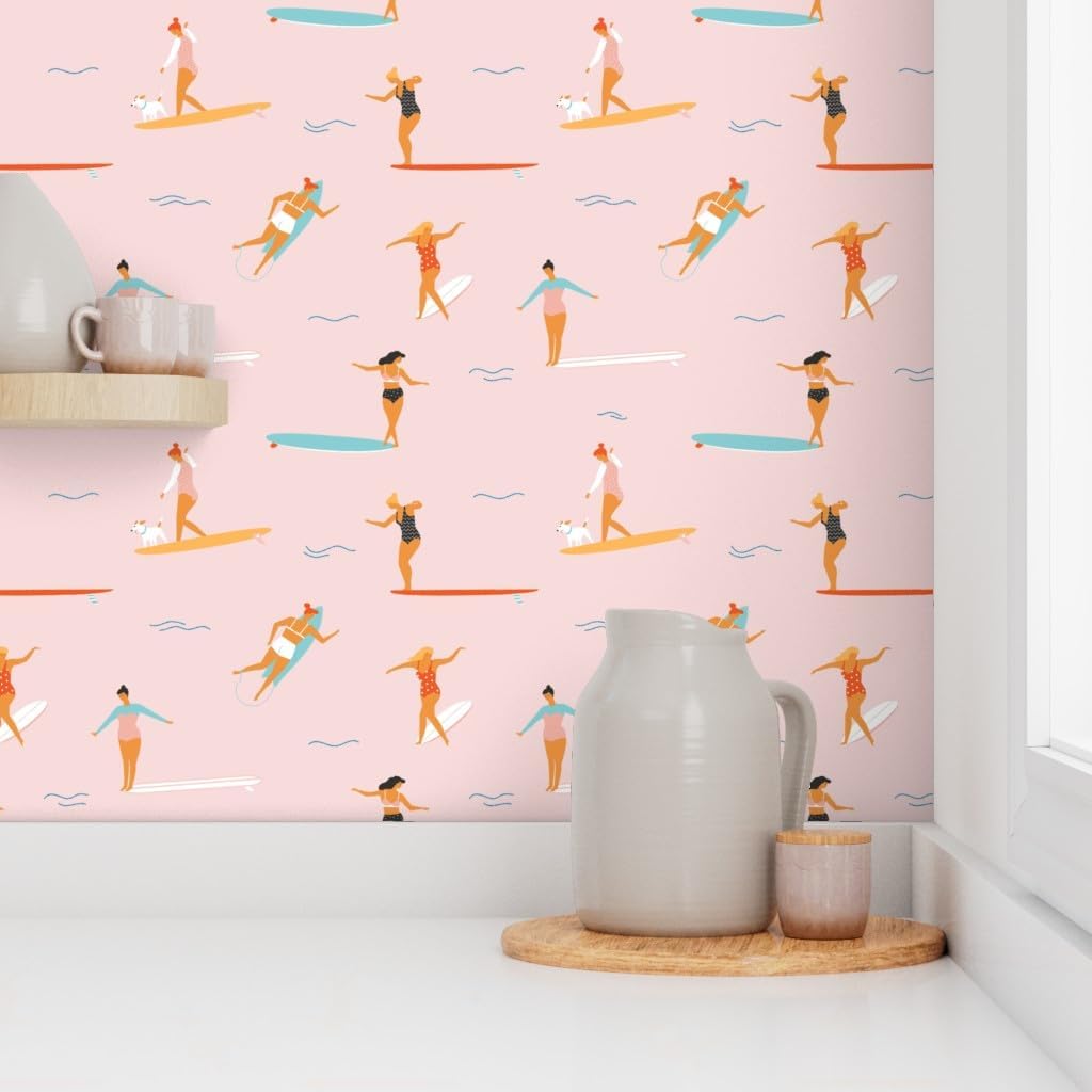 Peel & Stick Wallpaper 3ft x 2ft - Surfers Pink Surfing Surf Women Sea Sport Retro Vintage Beach Summer Baby Custom Removable Wallpaper by Spoonflower