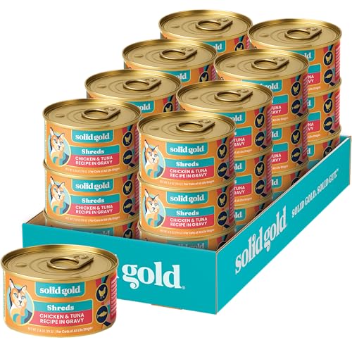 Image of Solid Gold Wet Cat Food Shreds in Gravy - Healthy Canned Cat Food Made w /Real Chicken & Tuna Shreds, Vitamins & Minerals - Grain Free & Gluten Free Canned Meals for Cats & Kittens - 24ct /3oz Can