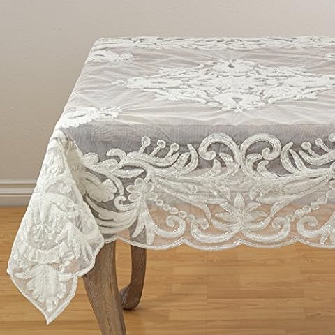 SARO LIFESTYLE AN02.I72S Alessandra Collection Beaded & Embroidered Design Scalloped Tablecloth, 100% Polyester, Ivory Cover