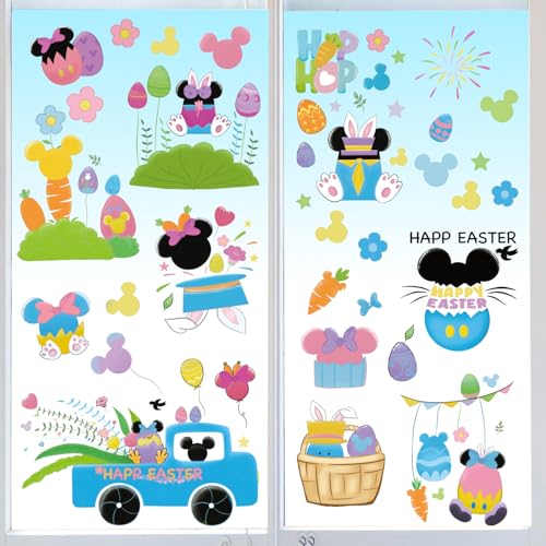 Easter Window Clings Cute Cartoon Mouse & Easter Eggs Reusable PVC Static Stickers No-Glue for Glass Doors Home Classroom & Store Decor 9 Sheets Window Decals