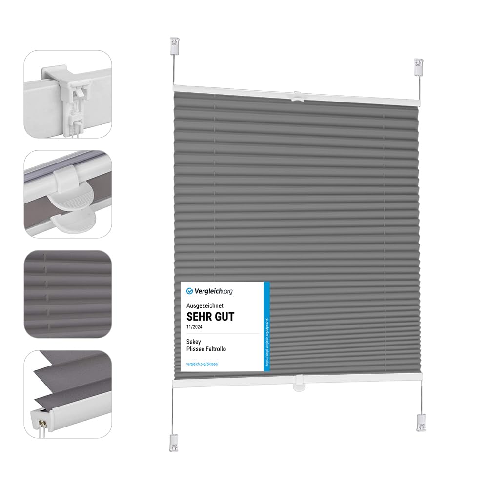 Sekey Plissee ohne Bohren Verdunkelung, Fenster Plissee Klemmfix Jalousie 65 cm breit, Verspannt Blickdicht Sonnenschutz Fensterollo, 65x120cm, Dunkelgrau