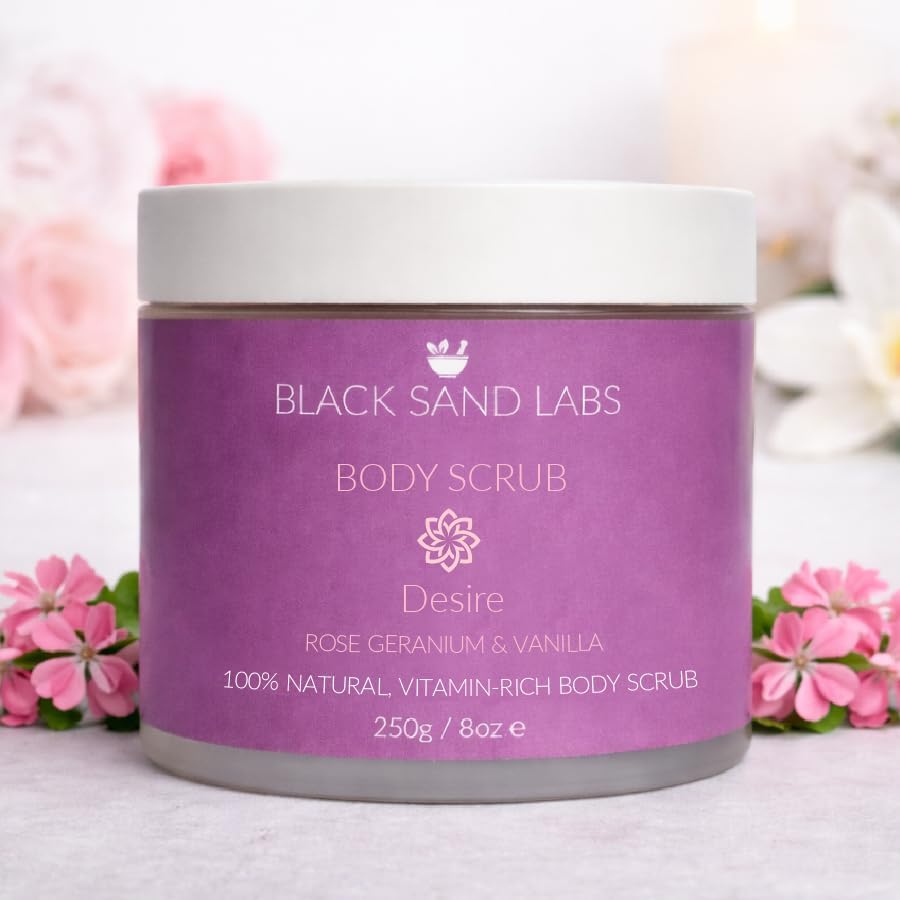 Dead Sea Salt Scrub   Natural Exfoliating Body Scrub with Coconut, Jojoba & Essential Oils   Moisturizing Body, Foot & Hand Scrub   Parfume & Dye-Free   250g Rose Geranium & Vanilla