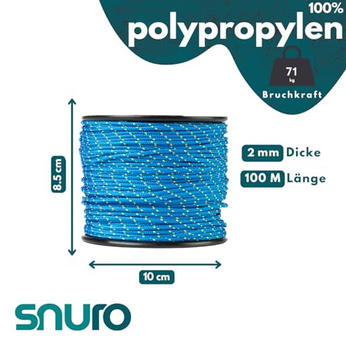 SNURO Polypropylenseil (2mm, 100M, blau mit gelb und grün) - Sehr dünnes leichtes, vielseitig einsetzbares geflochtenes Seil für den Außenbereich, zum Überleben und für den Garten - Bruchlast 71kg