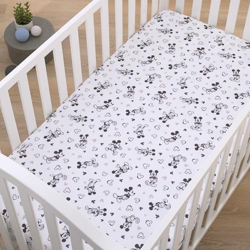 Image of Disney Mickey Mouse Gray, Black, and White Super Soft Nursery Fitted Mini Crib Sheet